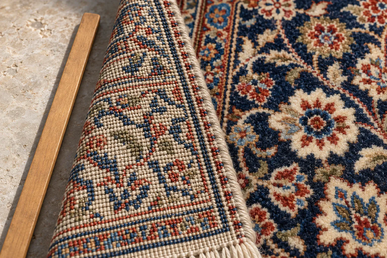 گوشه‌ی برگشته‌ی فرش و خط‌کش چوبی برای شمارش گره‌ها