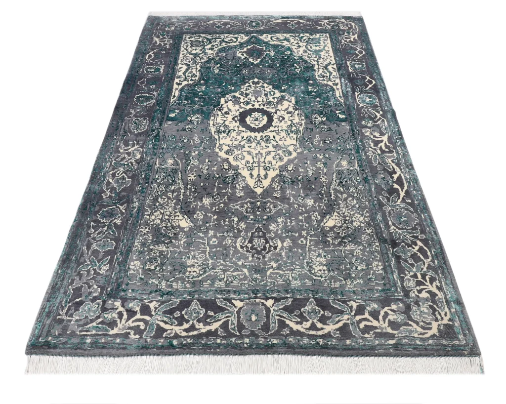 فرش دستباف کرک و ابریشم طوسی سبزآبی