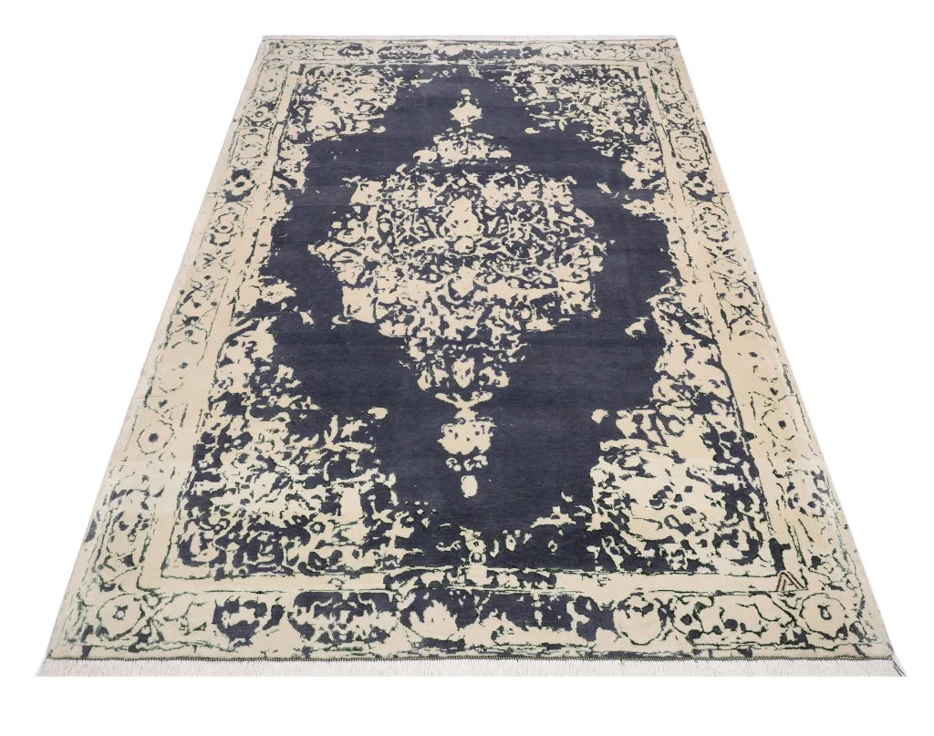 فرش دستباف کرک و ابریشم طوسی آبی دودی