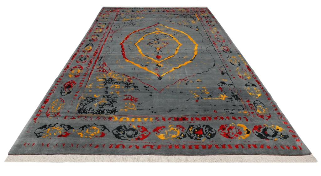 فرش دستباف 9 متری کرک و ابریشم طوسی تیره