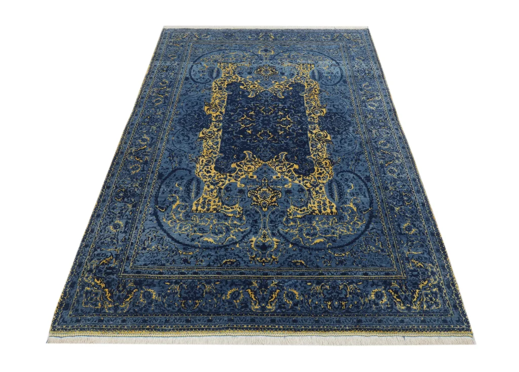 فرش دستباف کرک و ابریشم آبی‌خاکستری