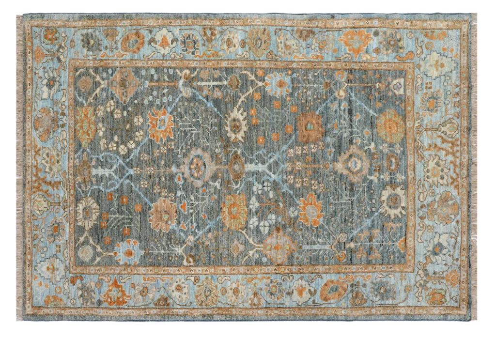 قالیچه دستبافت طرح شکوفه رنگ طوسی تیره