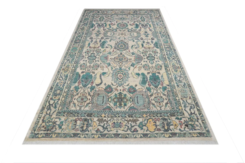 فرش دستبافت سلطان‌آباد طرح درخشش سبزآبی روشن