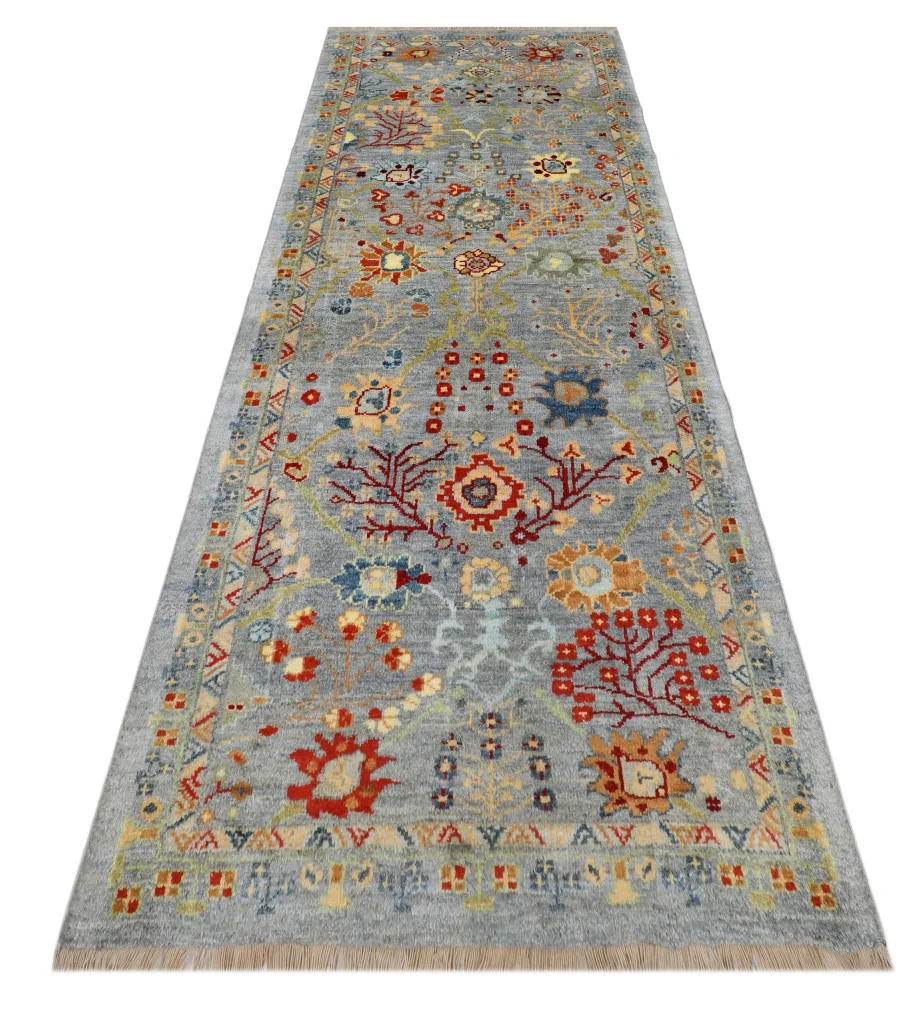 رانر دستبافت سلطان‌آباد طرح شکوفه طوسی روشن